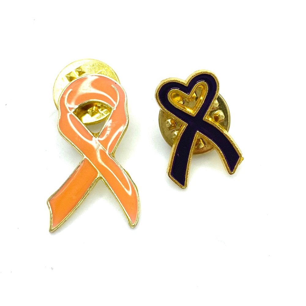 Enamel Awareness Ribbon Pins Deep Purple Heart and Pink Breast Cancer